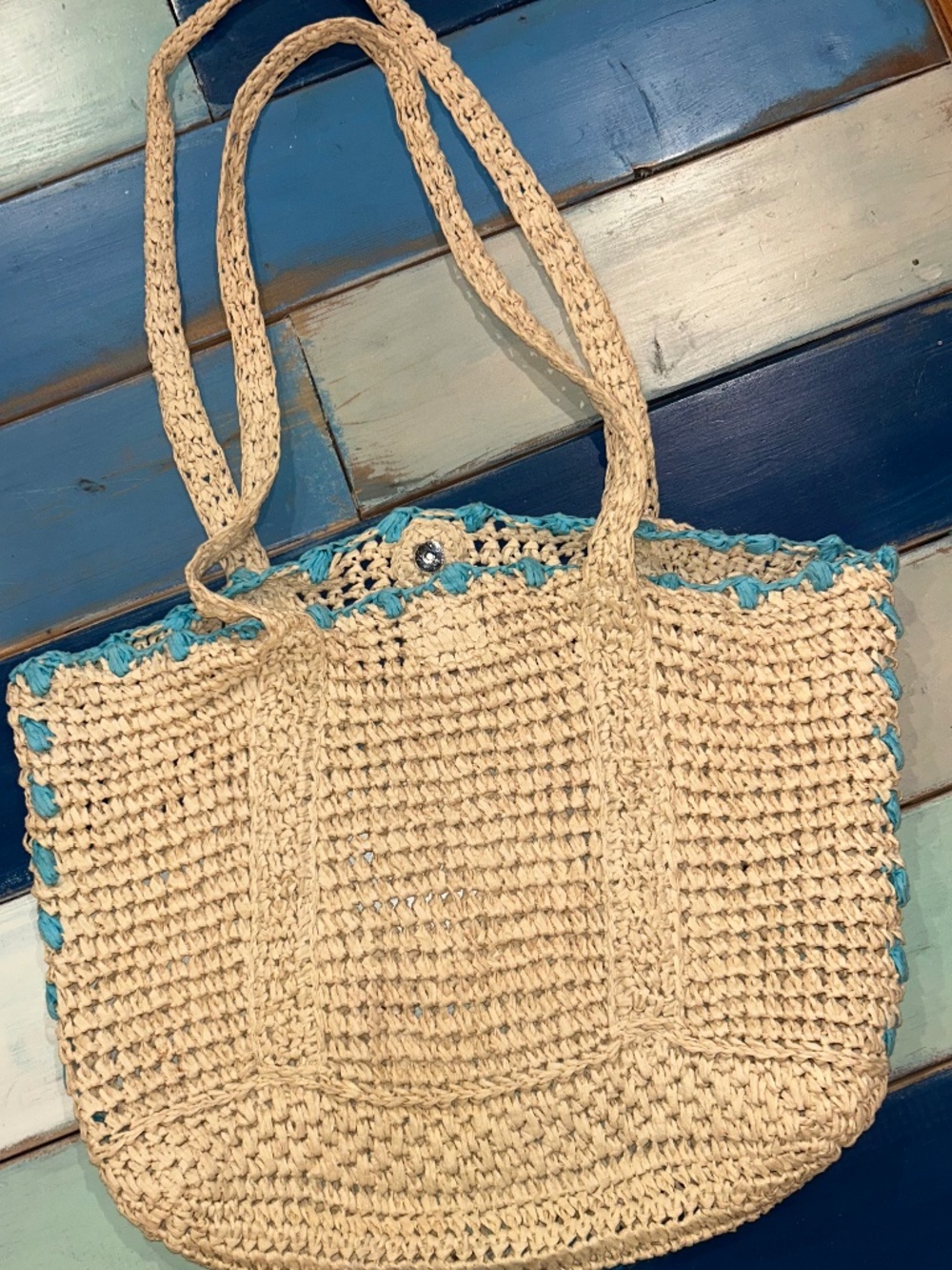 BTB Los Angeles Woven Straw Tote Bag Beige Turquoise  Beach/Boho